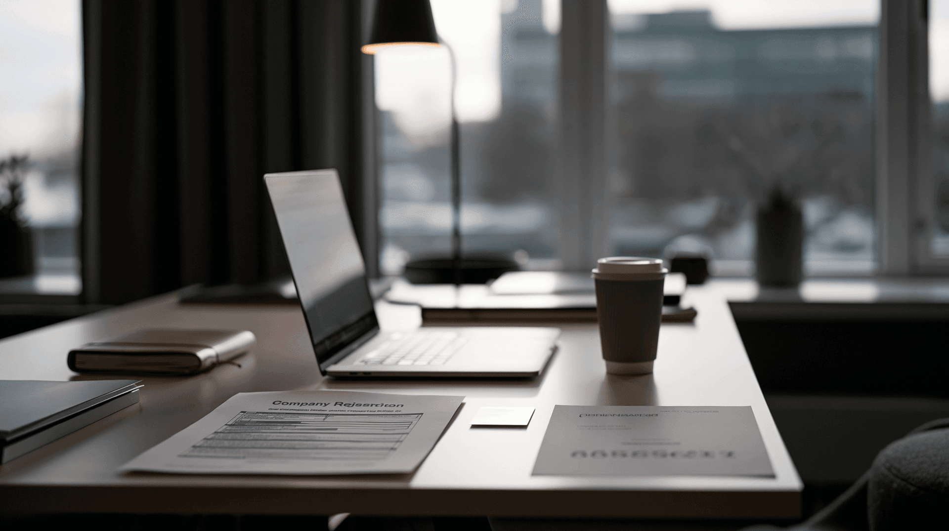 Minimalistisk Skandinavisk skrivebord med en bærbar datamaskin, en åpen notatbok, et selskapsregisterutdrag og en kopp kaffe – illustrasjon av en konsulent som raskt kommer i gang med eget aksjeselskap.